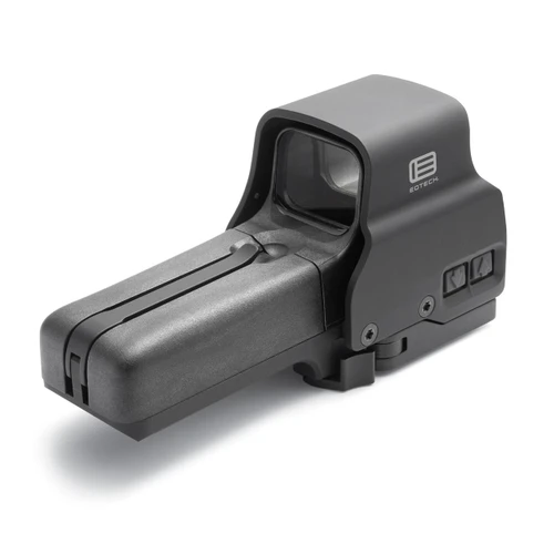 EOTECH 518.A65 Holographic Sight, AA Battery Powered, Side Button Functionality, Water Resistant, Compatible with MIL-STD-1913 Rail, black tactical aiming device with adjustable markings and a clear viewing window.