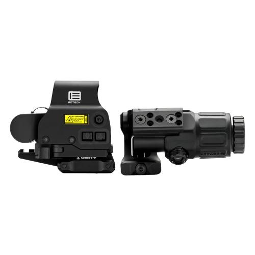 EOTECH HHS1 FTCU-BLK, Tactical Holographic Sight & G33 Magnifier Combo with Unity FAST Mount, front view of the high-tech weapon scope and magnifier with adjustable mounting system.