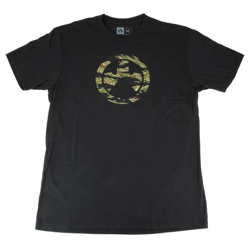 Magpul Industries Tiger Stripe Logo T-Shirt - MAG1292-001-M, Comfortable Cotton-Poly Blend Tee, black T-shirt with a tiger stripe camouflage logo on the front.