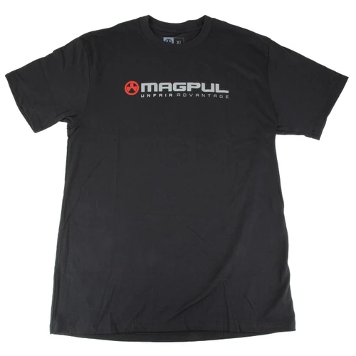 Magpul Industries MAG1399-001-XL Unfair Advantage T-Shirt - Durable Cotton-Poly Blend Crew Neck Tee, black shirt with logo and text in grey and red on front.