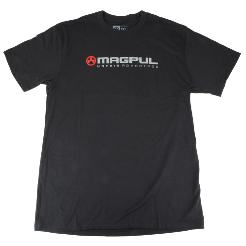 Magpul Industries Unfair Advantage Crew Neck T-Shirt - 2XL, black cotton-poly blend T-shirt with Magpul logo and text on front.