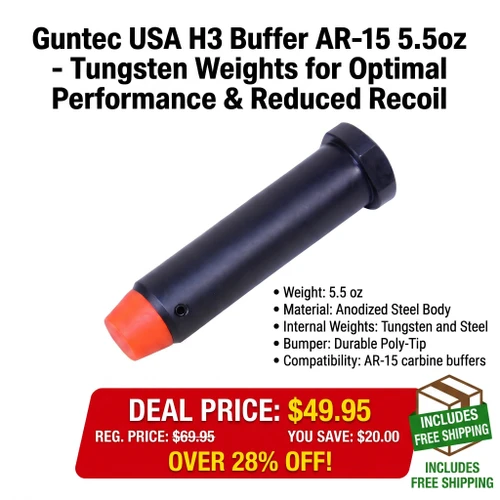 Guntec USA H3 Buffer AR-15 5.5oz - Tungsten Weights for Optimal Performance & Reduced Recoil, black cylindrical weight with orange bumper at the end, designed for AR-15 carbine buffers.