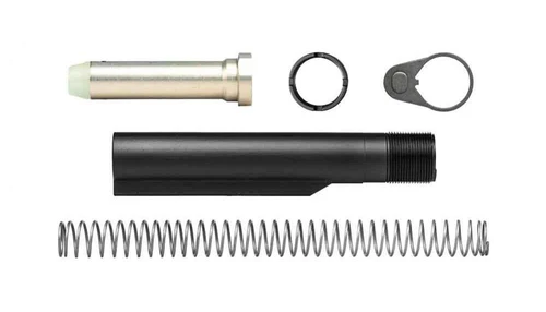 Guntec USA AR-15 M4 Mil-Spec Six Position Buffer Tube Kit, collection of buffer tube components including buffer, spring, end plate, castle nut, and recoil buffer.