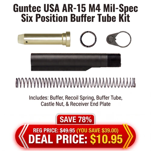 Guntec USA AR-15 M4 Mil-Spec Six Position Buffer Tube Kit, collection of buffer tube components including buffer, spring, end plate, castle nut, and recoil buffer.