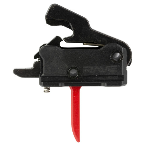Rise Armament T017F-RED RAVE Trigger - High-Performance Red Precision Trigger System, close-up view of the black trigger with red trigger tab and detailed components.