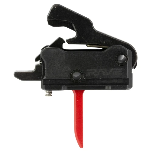 Rise Armament T017F-RED RAVE Trigger - High-Performance Red Precision Trigger System, close-up image of the black firearm trigger with red trigger safety and detailed engravings.