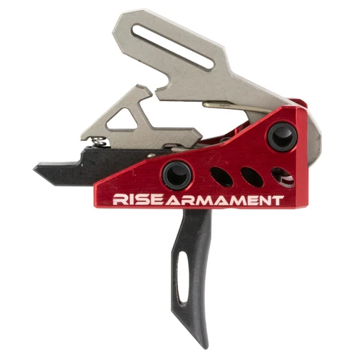 Rise Armament RA-535-BLK-ARP, advanced performance high-precision black trigger for enhanced firearm control, shown on a red trigger housing with metal components