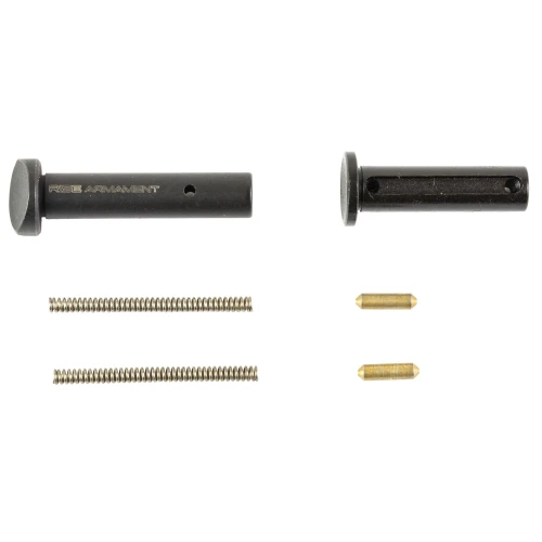 Rise Armament RA-020-BLK Enhanced AR-15 Takedown and Pivot Pins, black metal pins with accompanying small screws and gold-colored pins for secure, durable, and easy use.