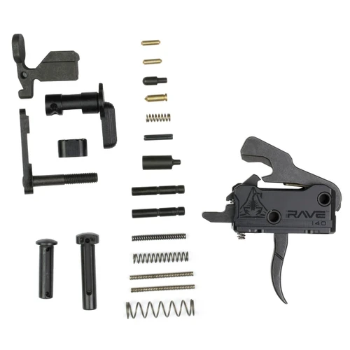 Rise Armament RAVE Single Stage Trigger with Lower Parts Kit for AR-15, black finish with various components and parts laid out.
