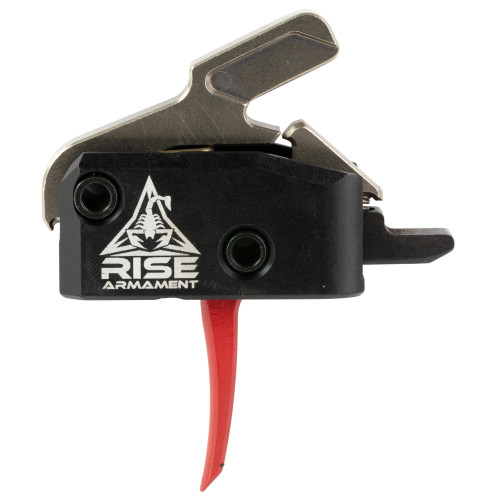 Rise Armament RA-434 High Performance Red Trigger, close-up of black tactical trigger with the Rise Armament logo, improved precision and accuracy for firearms.