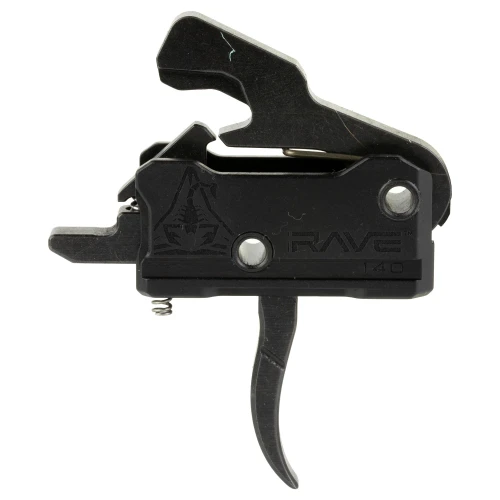 Rise Armament T017-BLK Precision Curved Trigger Shoe – 3.5lb Pull Weight, Single Stage Upgrade, image of black trigger with curved design, metal components, and branding.