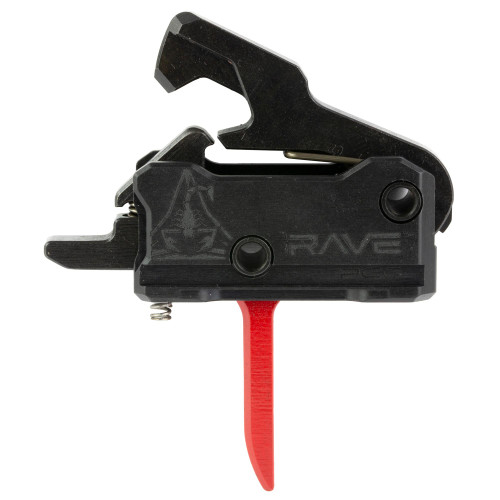 Rise Armament T017F-PCC-RED RAVE-PCC Trigger, precision red nitride trigger for enhanced firearm performance, shown in close-up view with red trigger and black housing.