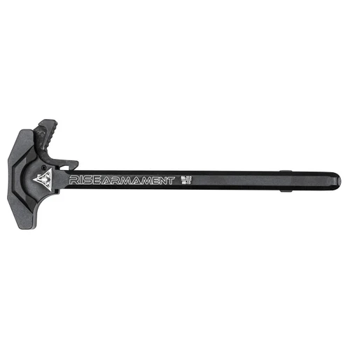 Rise Armament RA-212-BLK Extended Latch Charging Handle, black anodized AR-15 accessory made of durable 7075-T6 aluminum with corrosion resistance, featuring an extended latch for improved grip and handling.