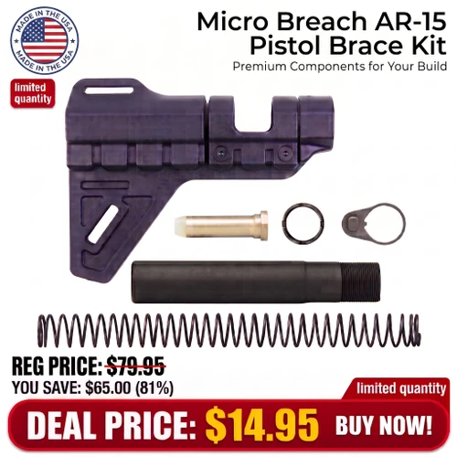 Micro Breach AR-15 Pistol Brace Kit, image of an ATF approved gun stabilizing brace with various components including a black stock, a spring, and other firearm parts.