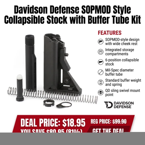 JE Machine Tech Davidson Defense SOPMOD Style Collapsible Stock Kit - AR10/AR15 Mil-Spec Adjustable Stock with Buffer Tube Kit, complete with buffer spring and other assembly components.