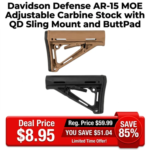 Davidson Defense AR-15 MOE Adjustable Carbine Stock with QD Sling Mount and Rubber ButtPad, showcasing two stock options in tan and black with adjustable features.