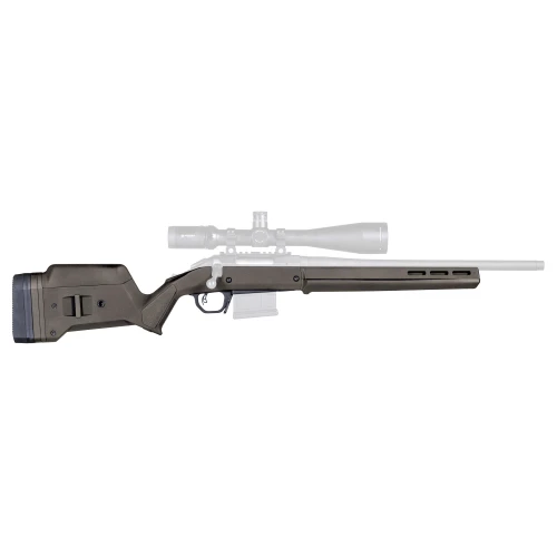 Magpul Industries MAG1207-ODG Hunter Stock Upgrade for Ruger American Predator & Ranch, adjustable and durable rifle stock with M-LOK compatibility, shown installed on a firearm with a scope.