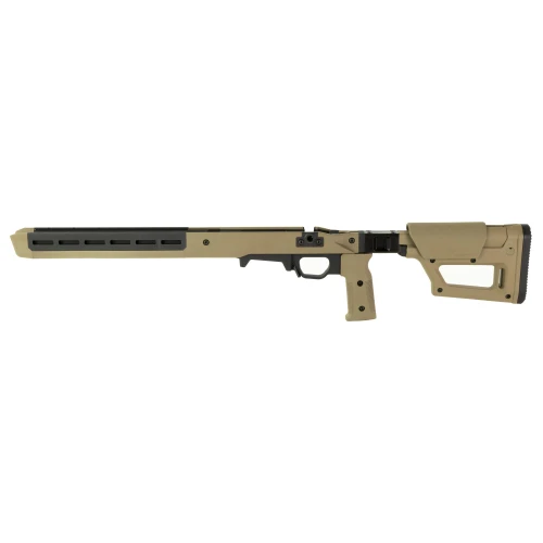 Magpul Industries Magpul PRO 700 Lite Chassis System for Remington 700 in FDE, featuring adjustable ergonomics and M-LOK slots, shown in a side view.