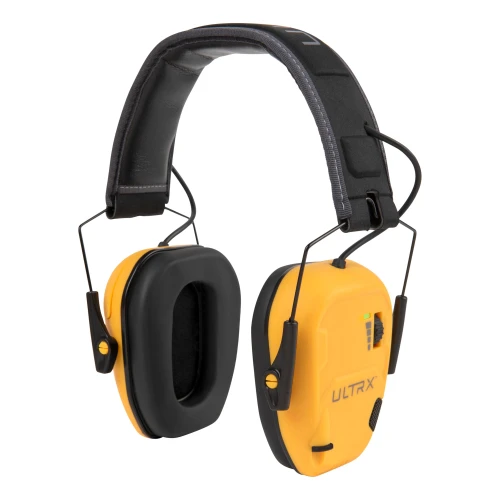 Allen Company 4149 ULTRX BIONIC EMUFF YELLOW, a pair of yellow safety earmuffs with sound amplification and adjustable headband for hearing protection.