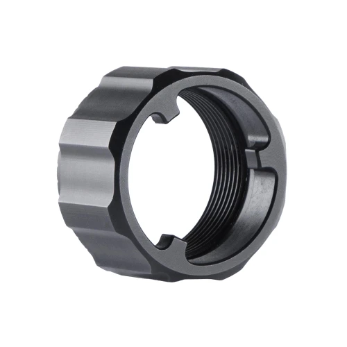 Dead Air Armament DA010 Keymo Compression Nut, a high-performance suppressor accessory for optimal sound suppression, shown in close-up with black and metallic finish.