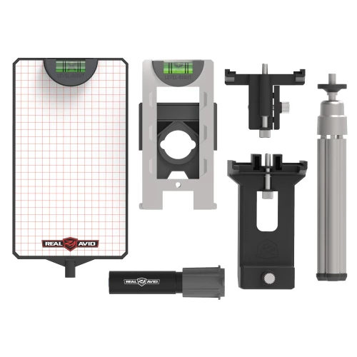 Real Avid Level Rite Scope Alignment Tool - Precision Reticle Leveling for Accurate Shooting, showing components including bubble levels, scope mount adapter, leveling platform, and alignment tools.