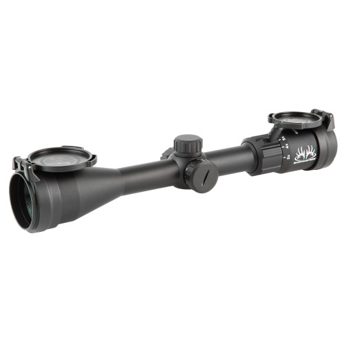 Sig Sauer BUCKMASTER 3-12x44 Riflescope with Illuminated BDC Reticle, black tactical scope with adjustable zoom and lens covers.