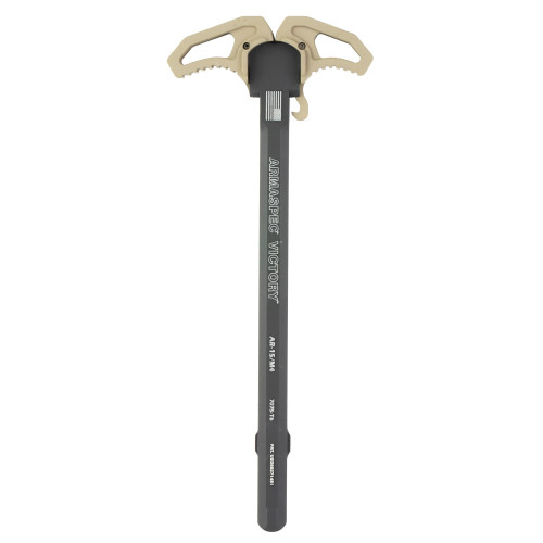 Armaspec Victory Charging Handle FDE - Ergonomic, Ambidextrous Design for 5.56/.223 Rifles & Pistols, close-up of the tactical firearm component with textured levers and engraved branding.