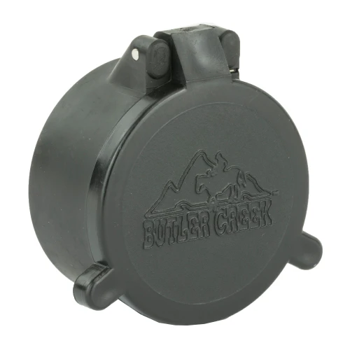 Butler Creek 30090 Flip Scope Cover, waterproof and dustproof optics protection for hunting scopes, black protective cover with mountain logo.