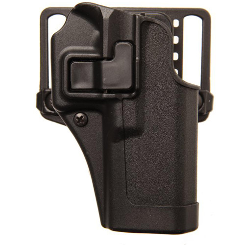 BLACKHAWK Serpa CQC Holster for Glock 42, right-handed with auto lock release, black plastic holster with a secure locking mechanism and adjustable retention screws.