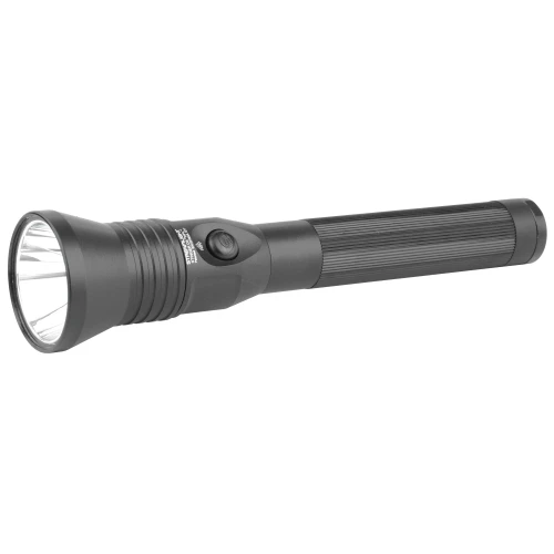 Streamlight STINGER HP DS LED flashlight, black handheld torch with a large reflector and power button on the body.