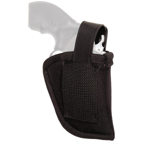 Uncle Mike's U/M AMB HIP HLSTR W/PCH SZ 36 BLK, a black holster designed for concealed carry of a handgun with a pistol partially visible inside, made of durable fabric with a strap for secure attachment.