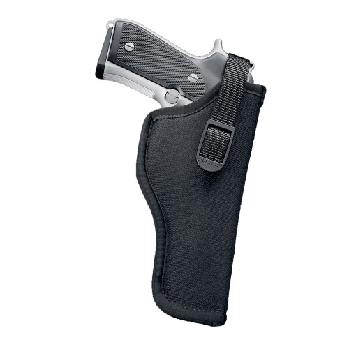 Uncle Mike's U/M HIP HLSTR SZ 16 BLK RH, a black handgun holster with a gun inside, designed for right-handed use.