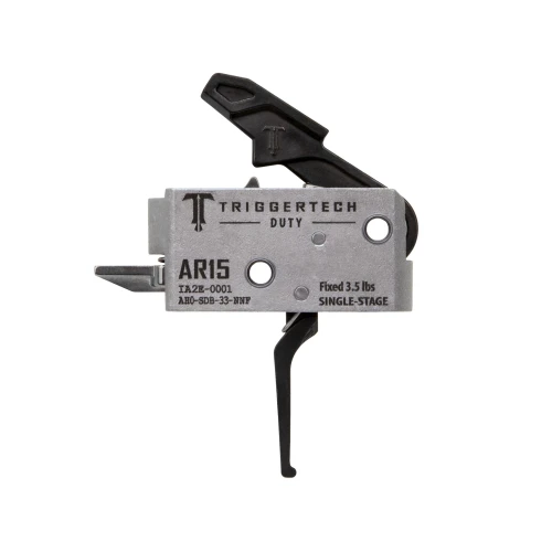 TriggerTech TRIGRTECH AR15 DUTY FLAT 3.5LB BLK, black and silver firearm trigger with engraved specifications and branding.