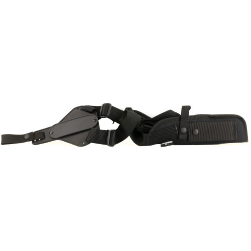Uncle Mike's U/M VERT SHLDR HLSTR SZ 5 BLK RH, a black shoulder holster with adjustable straps and a compartment for carrying a firearm, designed for right-handed use.