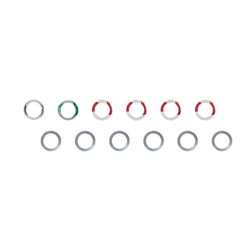 Surefire SUREFIRE SOCOM SHIM KIT 1/2X28, set of precision metal shims with red, green, and silver coloring for firearm suppressor installation.