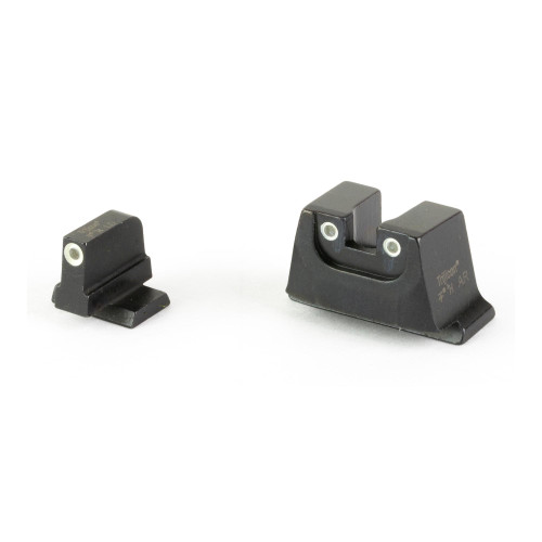 Trijicon Suppressor Night Sight Green Set for Smith & Wesson Core with W/W, close-up of black firearm sights with white dots for target accuracy