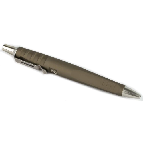 Surefire SUREFIRE WRITING PEN III-TAN CLICK, military-style tactical pen with a sturdy khaki body and silver accents, ideal for writing and defense.