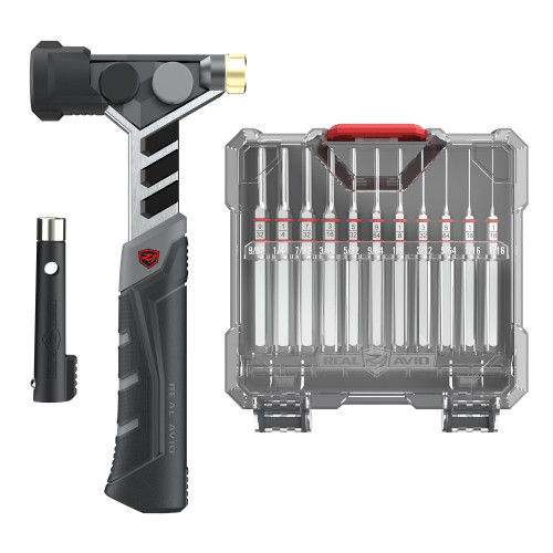 Real Avid HAMMER AND ACCU PNCH SET, elastic hammer and precision punch set with multiple interchangeable bits displayed in a plastic case.