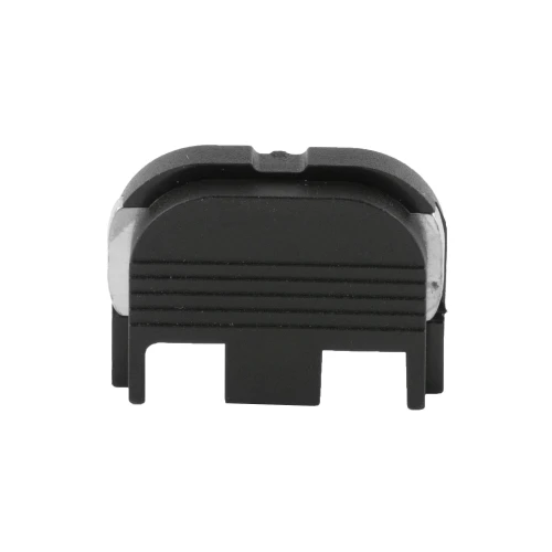 GLOCK OEM SLIDE CVR PLATE 17/19 GEN5, close-up view of the black polymer slide cover plate with textured surface and metal edges for Glock pistols.