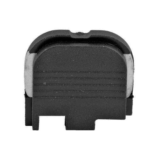GLOCK OEM SLIDE COVER PLATE G43 ONLY, close-up view of the black slide cover plate for Glock G43pistol showing the textured surface and metal edges.