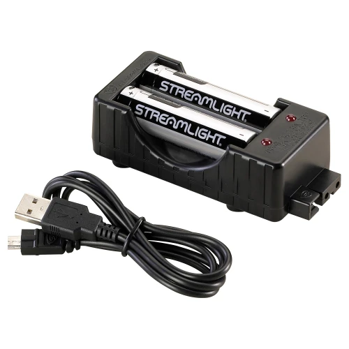 Streamlight SL-BL26 Charging Kit with 2 Batteries, product image showing battery charger with two rechargeable batteries and charging cable for efficient power management.