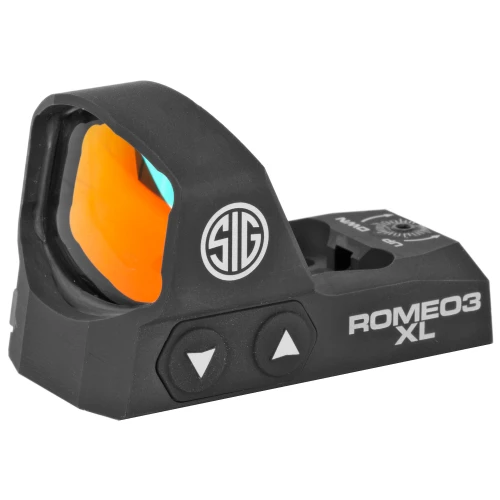 Sig Sauer SIG ROMEO3 XL REFLEX SIGHT 6MOA BLK, close-up of black tactical reflex sight with orange tinted lens and white logo, adaptable for firearms and equipped with adjustment buttons.
