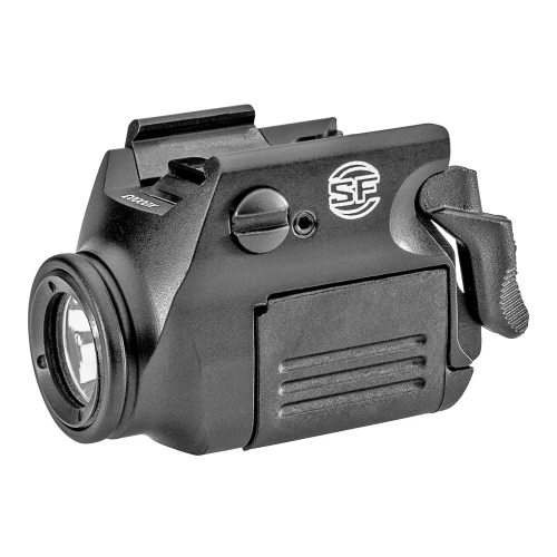 Surefire SUREFIRE XSC-HELLCAT 350LUM LED BLK, compact tactical weapon light in black with adjustable mounting bracket and high-powered LED bulb.