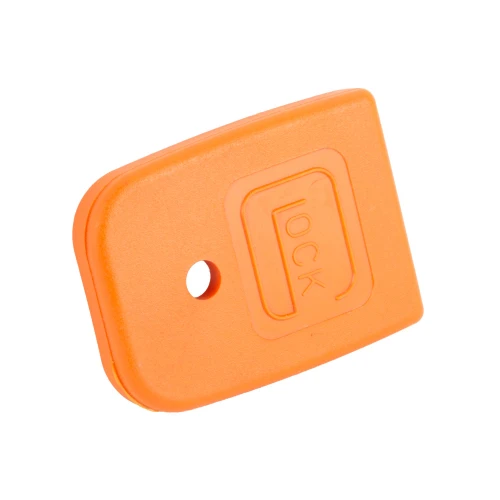 GLOCK OEM Magazine Floorplate - Orange for Double Stack 10MM/45ACP Magazines, durable polymer replacement part with a rectangular shape and a hole in the center.