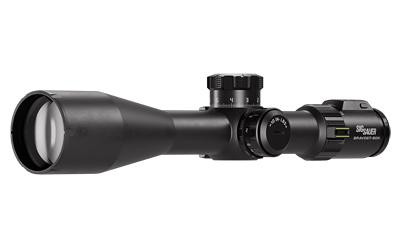 Sig Sauer BRAVO 6 5-30X56MM FFP DEV-L Precision Riflescope - Advanced eTRAK & Bluetooth Technology (MPN: SOBBDX65104), black precision riflescope shown from the side with a large objective lens, adjustment turrets, and eyepiece