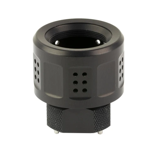 Dead Air Armament DEAD AIR NOMAD ENHANCED BRAKE, firearm muzzle brake with a cylindrical design, multiple small holes around the body for heat dissipation and recoil reduction, and a textured lower section for secure attachment.