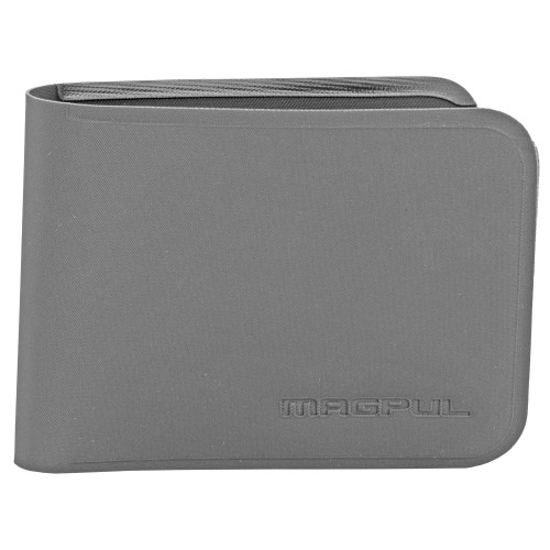 Magpul Industries MAGPUL DAKA BIFOLD WALLET GRY, grey tactical wallet with durable black zipper and embossed Magpul logo.