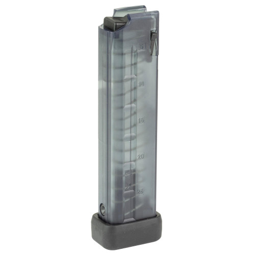 B&T USA BT-30296-N 20-Round 9mm Magazine for MP9, TP9, APC9 & SPC9 – Optimize Firearm Performance, transparent magazine with numbered capacity markings and black base plate for firearm ammo storage.