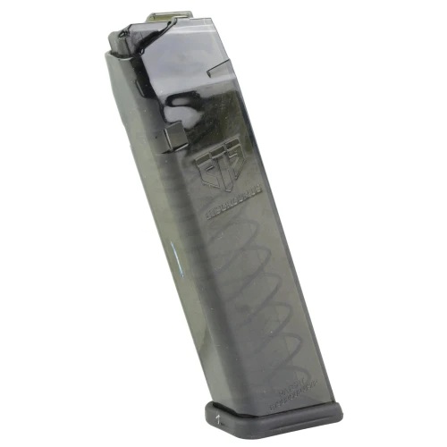 Elite Tactical Systems Group Elite Tactical Systems SMK-GLK-20-20 15-Round Capacity Magazine for Glock 20, 29, 40 - Durable, Heat-Resistant, and Easy to Use, showing a translucent magazine with spring and base plate for Glock pistols
