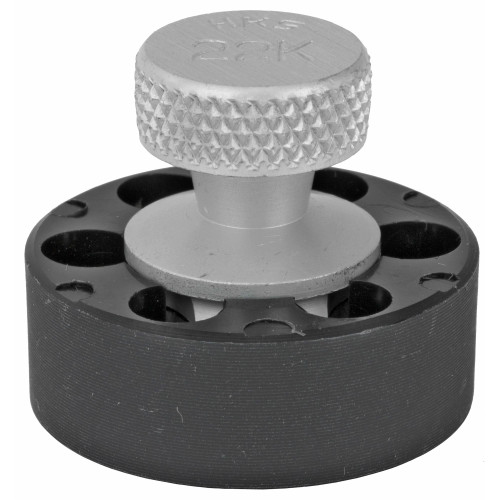 HKS Speed Loaders 22K - Quick & Efficient Revolver Cartridge Loader with Secure Twist Knob Design, black and silver, featuring a knurled top and a circular base with multiple holes for loading revolver cartridges.
